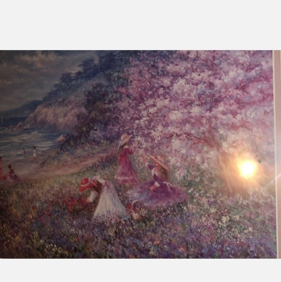 LARGE HOME INTERIOR PICTURE, KIDS AT THE BEACH, PINK & GOLD FRAME. 27.5" X 23.5" - Picture 9 of 10